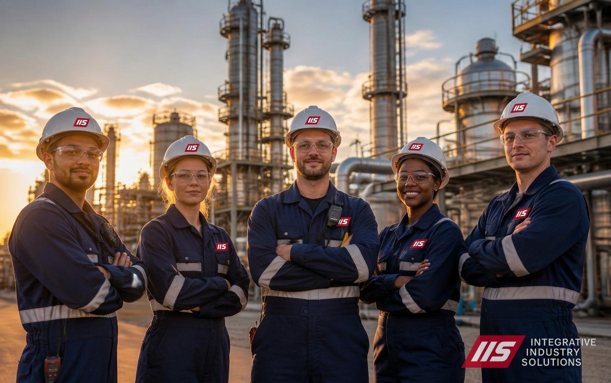 Craft crew in hard hats and flame-resistant clothing at a plant