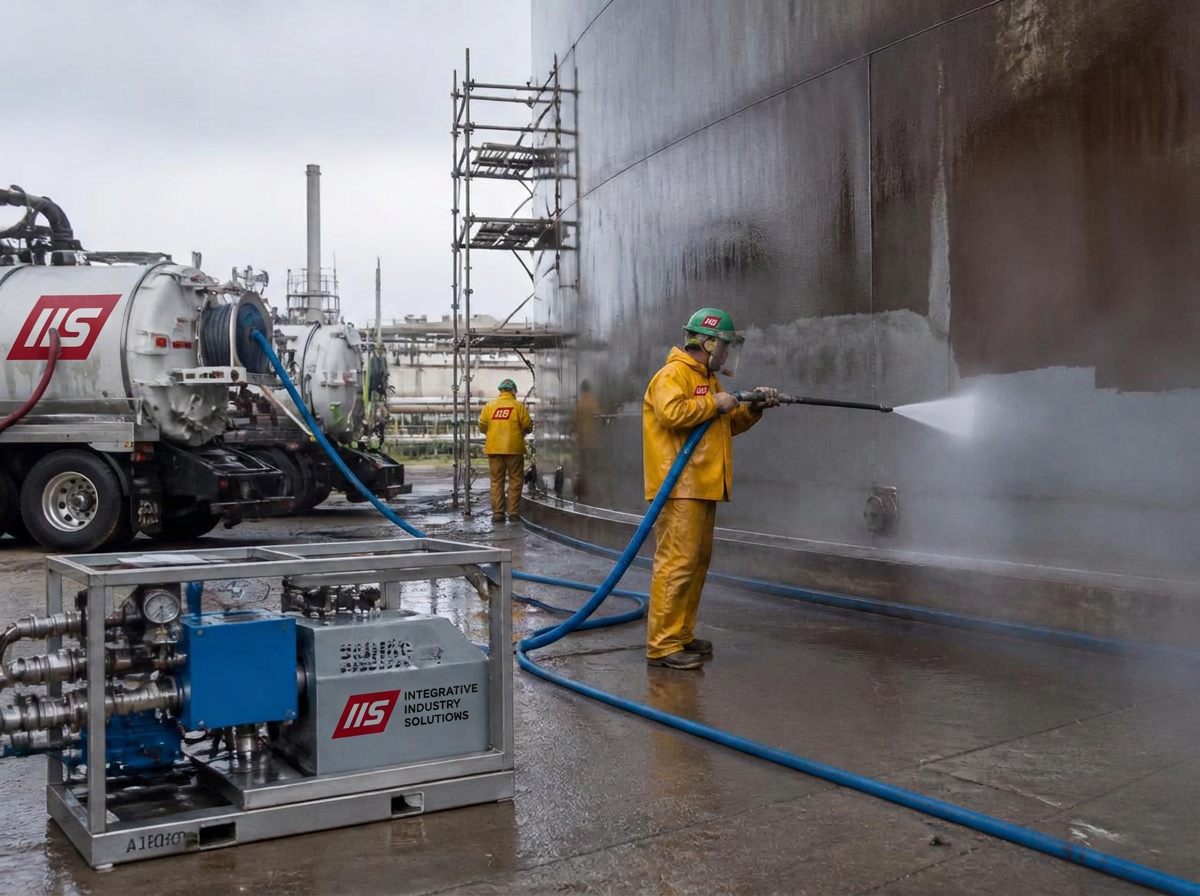 Crew hydroblasting a large storage tank during a plant turnaround